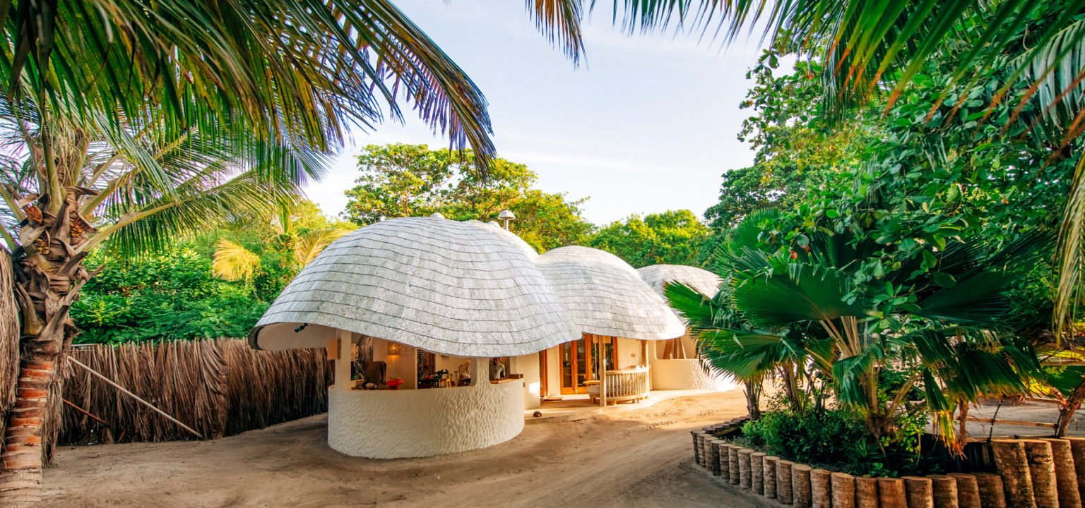 the organic mushrom architecture of Makers Place recycling studio opened by Alexander James Hamilton with the Soneva Foundation