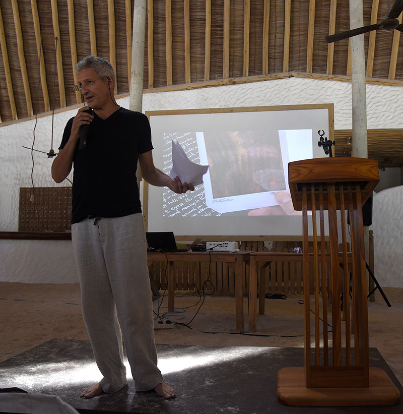 artist alexander james speaking at the plastic free conference arranged by Soneva the EPA and Maldives presidents office