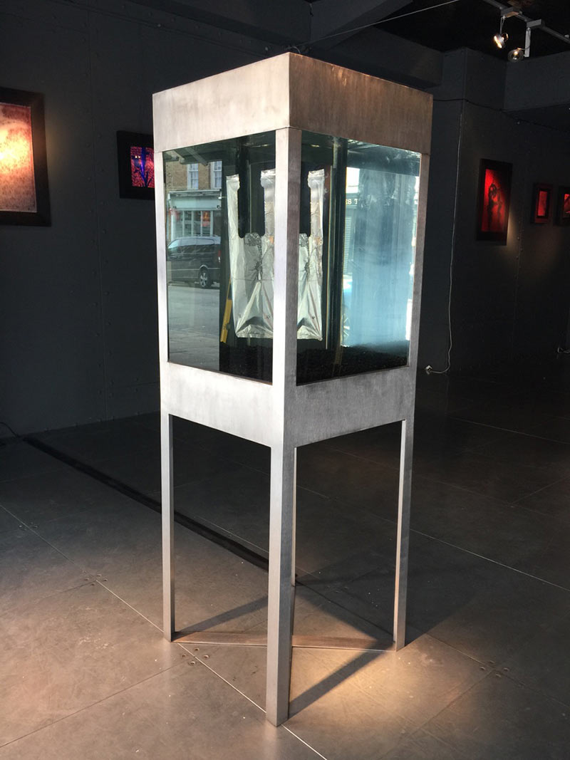 perpetual installation 316G S/Steel and glass vitrine case, water and floating plastic bag  