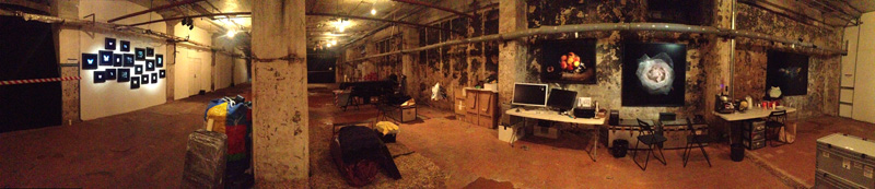 wide interior view of the artists flooded underground studio in moscow collaborating with Triumph Gallery