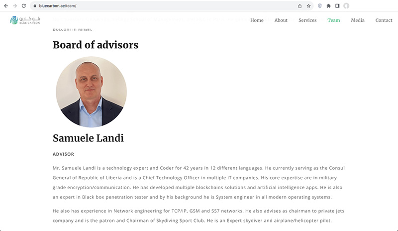 Samuele Landi a convicted fraudster on the advisory board of Blue Carbon